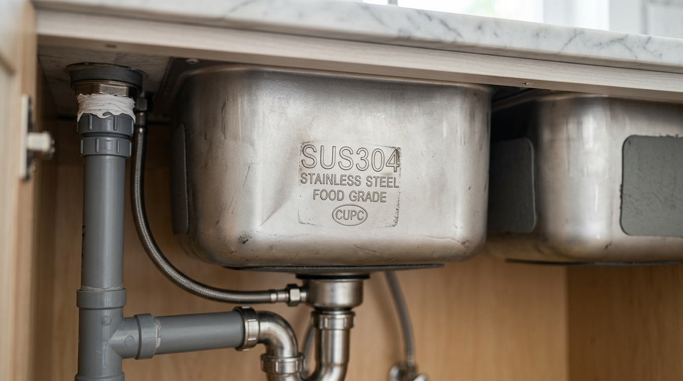 SUS304 grade stamp on the bottom of a stainless steel kitchen sink
