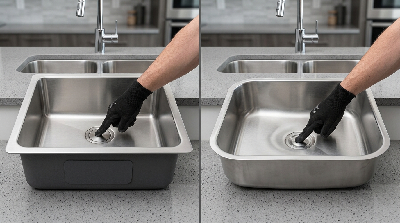 comparison of 16 gauge thick stainless steel sink versus thinner 20 gauge sink