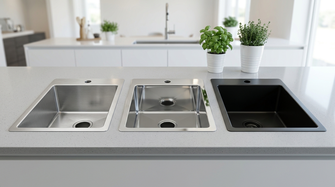 comparison of brushed finish mirror polish and PVD coated stainless steel sink surfaces