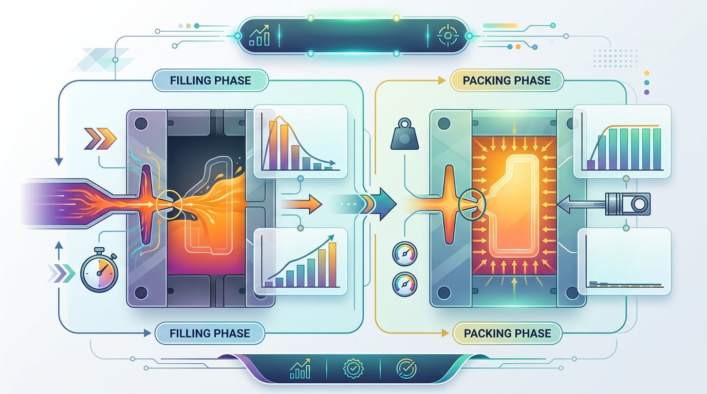 Injection mold gate function diagram showing melt flow control during filling and packing phases