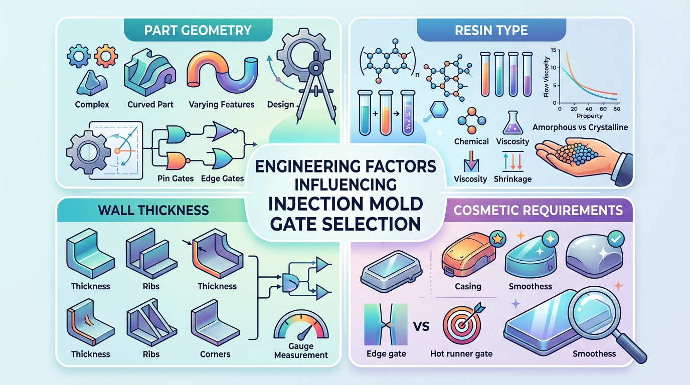 Key engineering factors for injection mold gate design selection including geometry, resin, wall thickness, and cosmetics