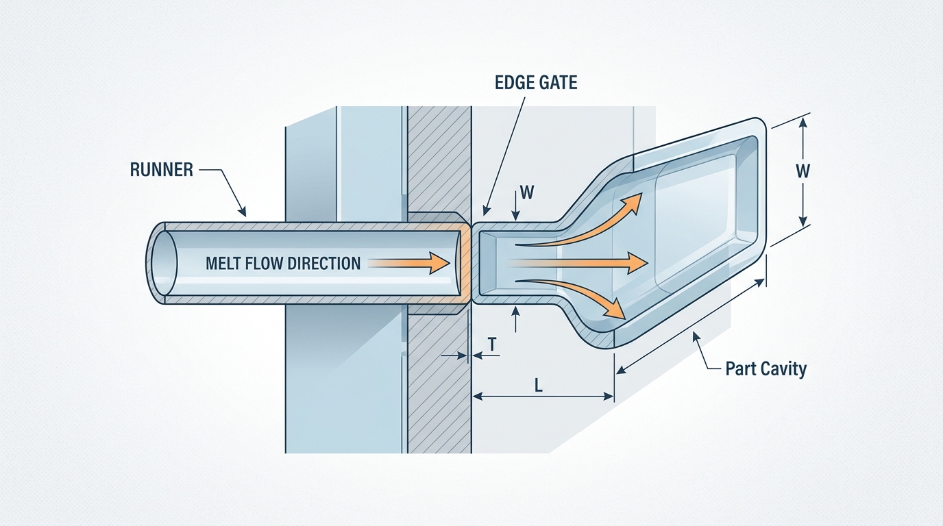 Edge gate cross-section diagram showing rectangular geometry, dimensions, and melt flow direction