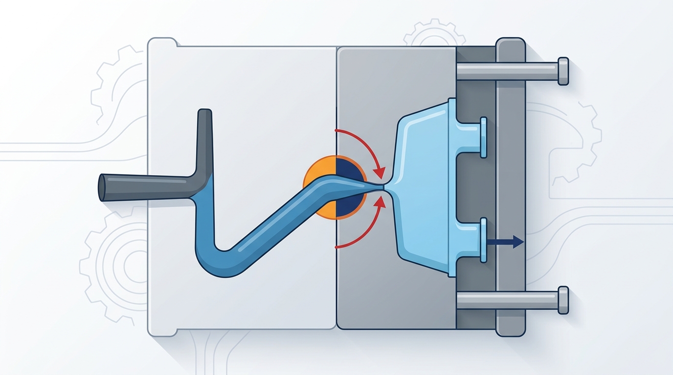 Sub gate tunnel geometry diagram showing angled tunnel design and automatic degating mechanism during mold ejection