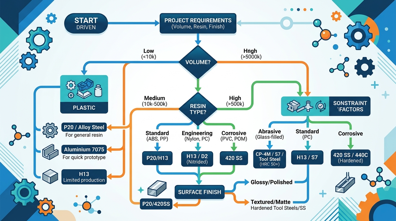 Injection mold steel selection decision flowchart for P20 H13 S136 NAK80