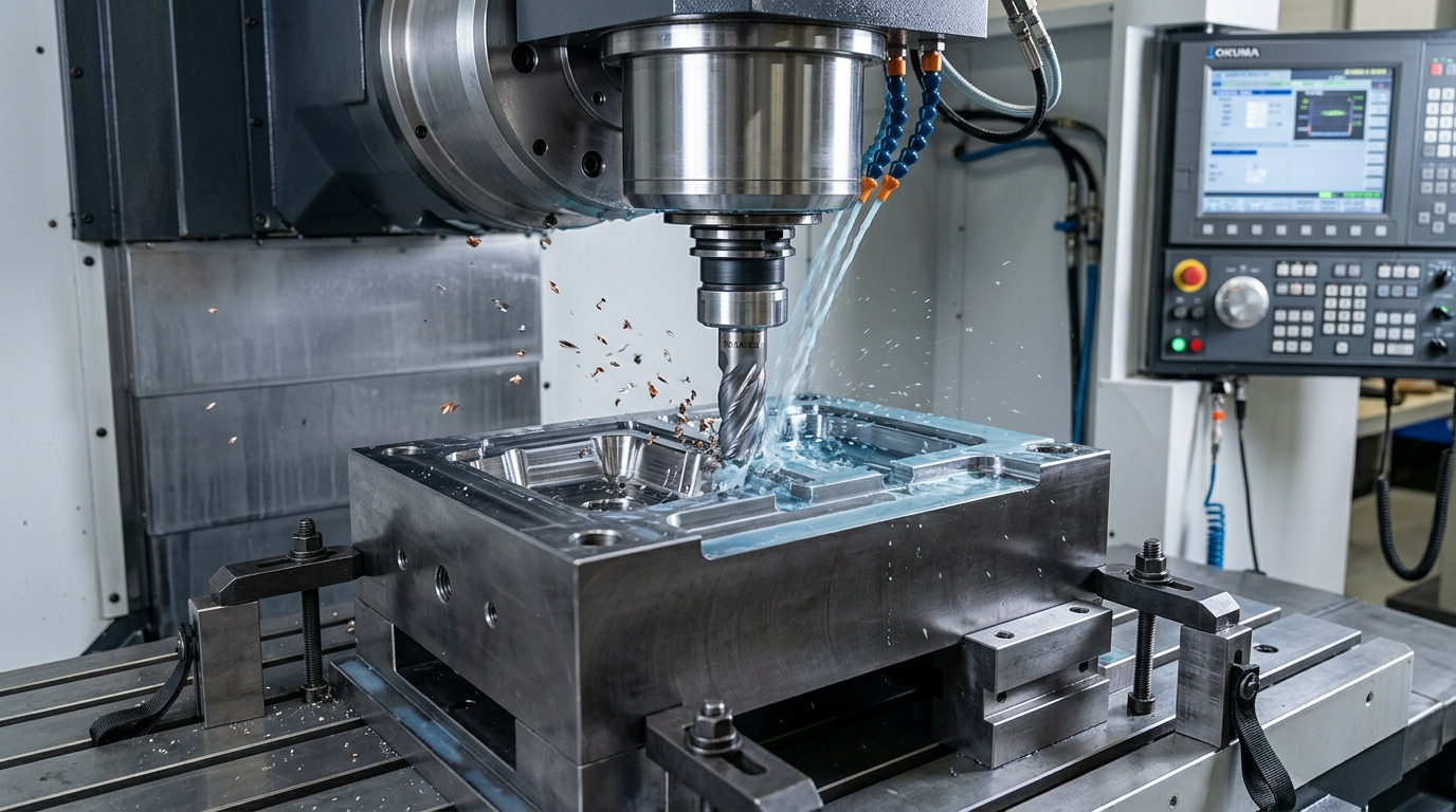 P20 steel mold cavity being CNC machined showing good machinability