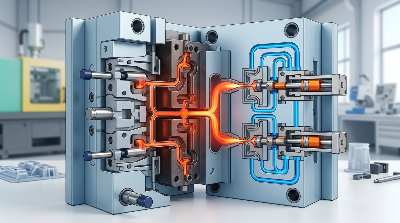 H13 hot-work steel injection mold with hot runner system and valve gates