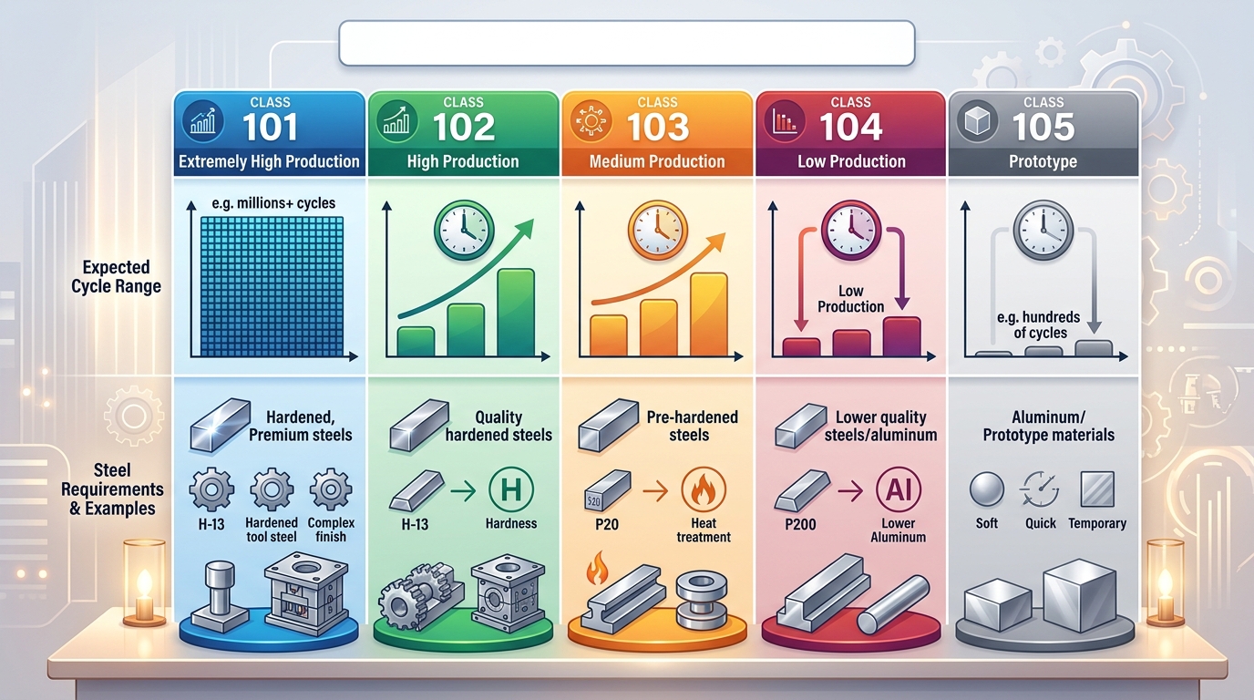 SPI mold classification chart comparing Class 101 through Class 105 expected shot capacities and steel requirements