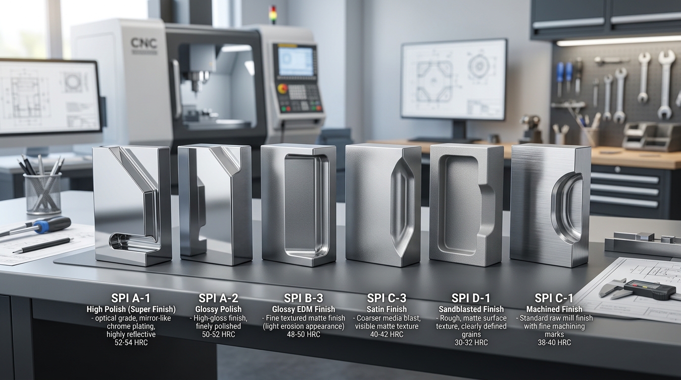 Steel mold blocks with different surface finishes representing SPI Class 101 through Class 104 mold construction