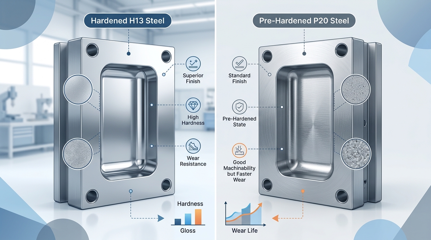 Hardened H13 steel mold cavity compared to pre-hardened P20 steel cavity showing surface quality and wear resistance differences