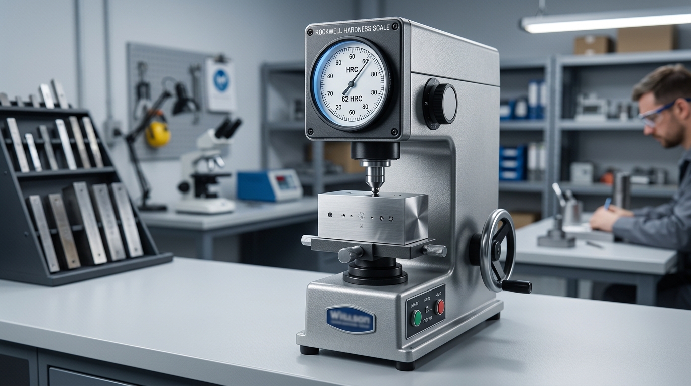 Rockwell hardness test being performed on mold tool steel sample showing HRC measurement for injection mold lifespan prediction
