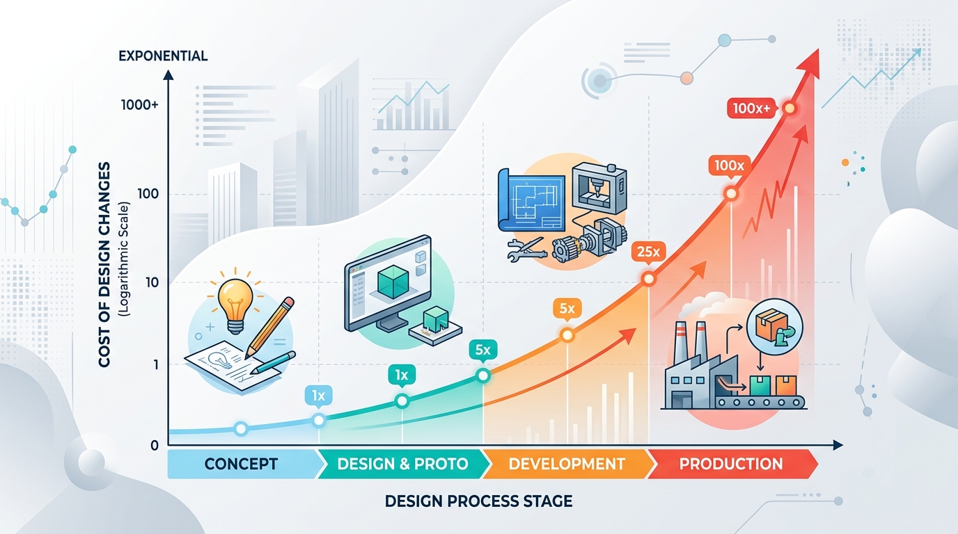 Design change cost curve showing exponential increase from concept through tooling to production