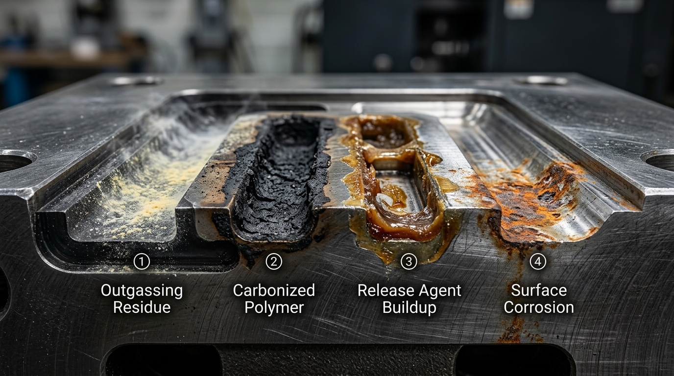 Four common injection mold contaminants including outgassing residue carbonized polymer release agent buildup and rust corrosion