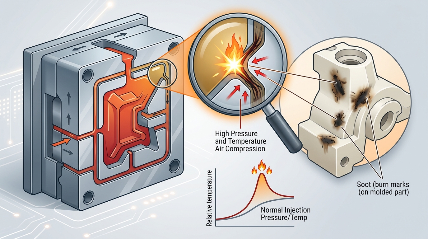 Technical diagram of diesel effect in injection mold showing gas trapped by clogged vents causing burn marks