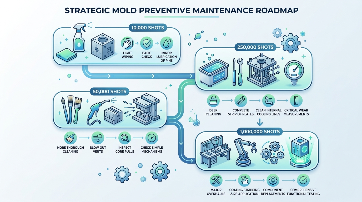 Four-tier injection mold maintenance schedule flowchart showing production cleaning preventive cleaning deep clean and major overhaul intervals