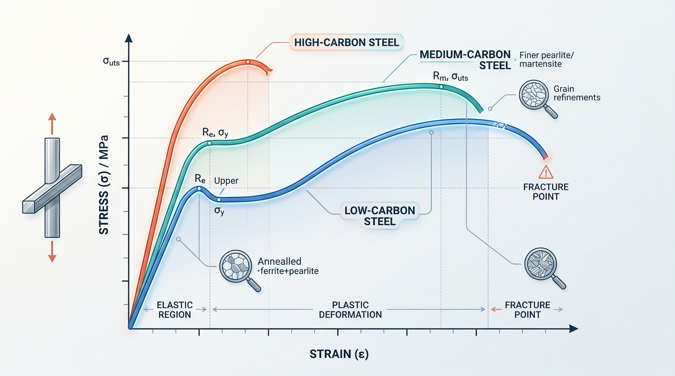 Engineering stress-strain curves showing ductility differences between low-carbon and high-carbon steel