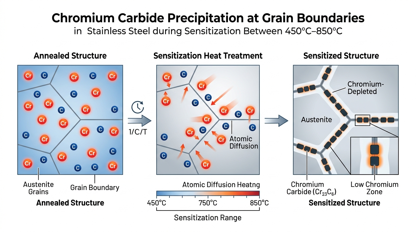 Diagram of sensitization and chromium carbide precipitation in stainless steel weld heat affected zone