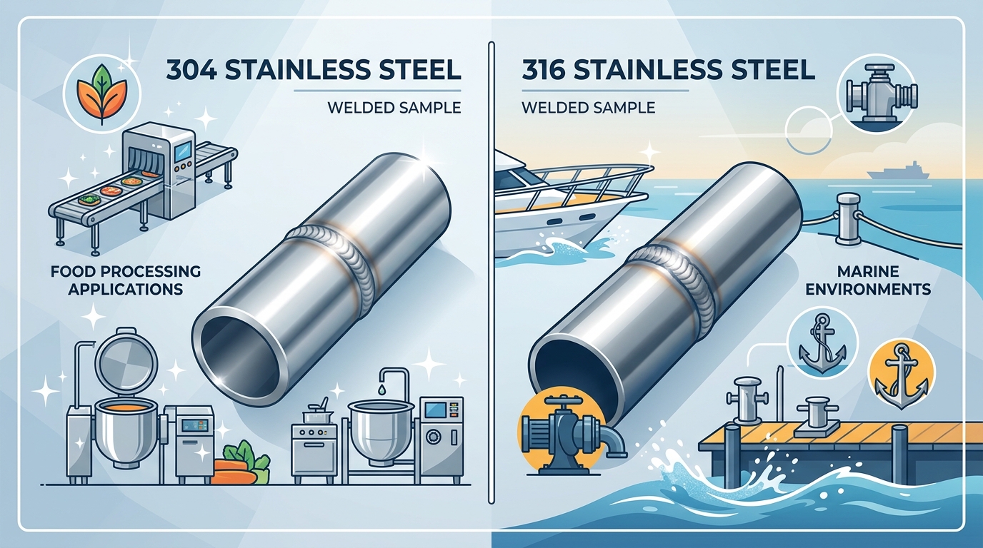 Comparison of 304 and 316 stainless steel welded samples for food processing and marine applications