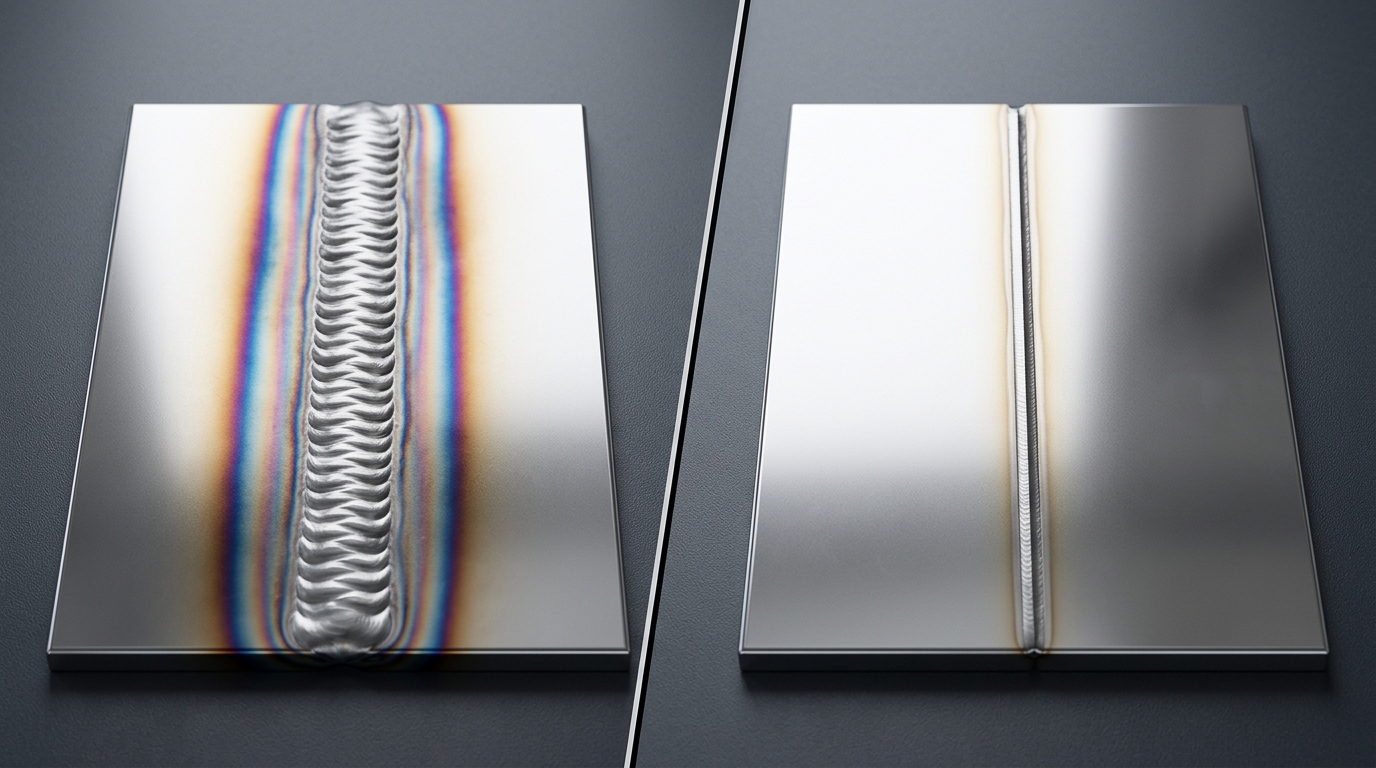 TIG weld versus laser weld on stainless steel showing heat affected zone and finish quality difference