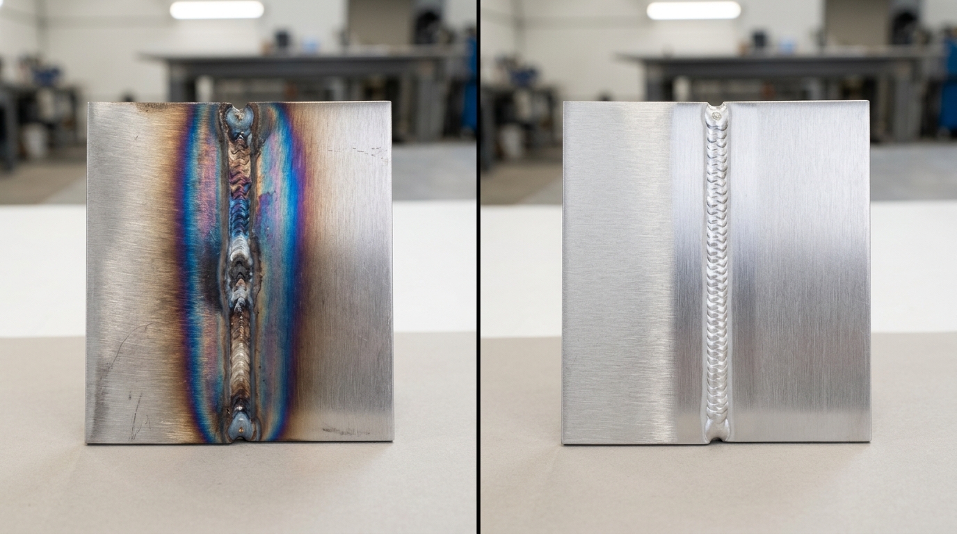 Weld cleaning before and after results on stainless steel TIG weld showing heat tint removal and restored finish