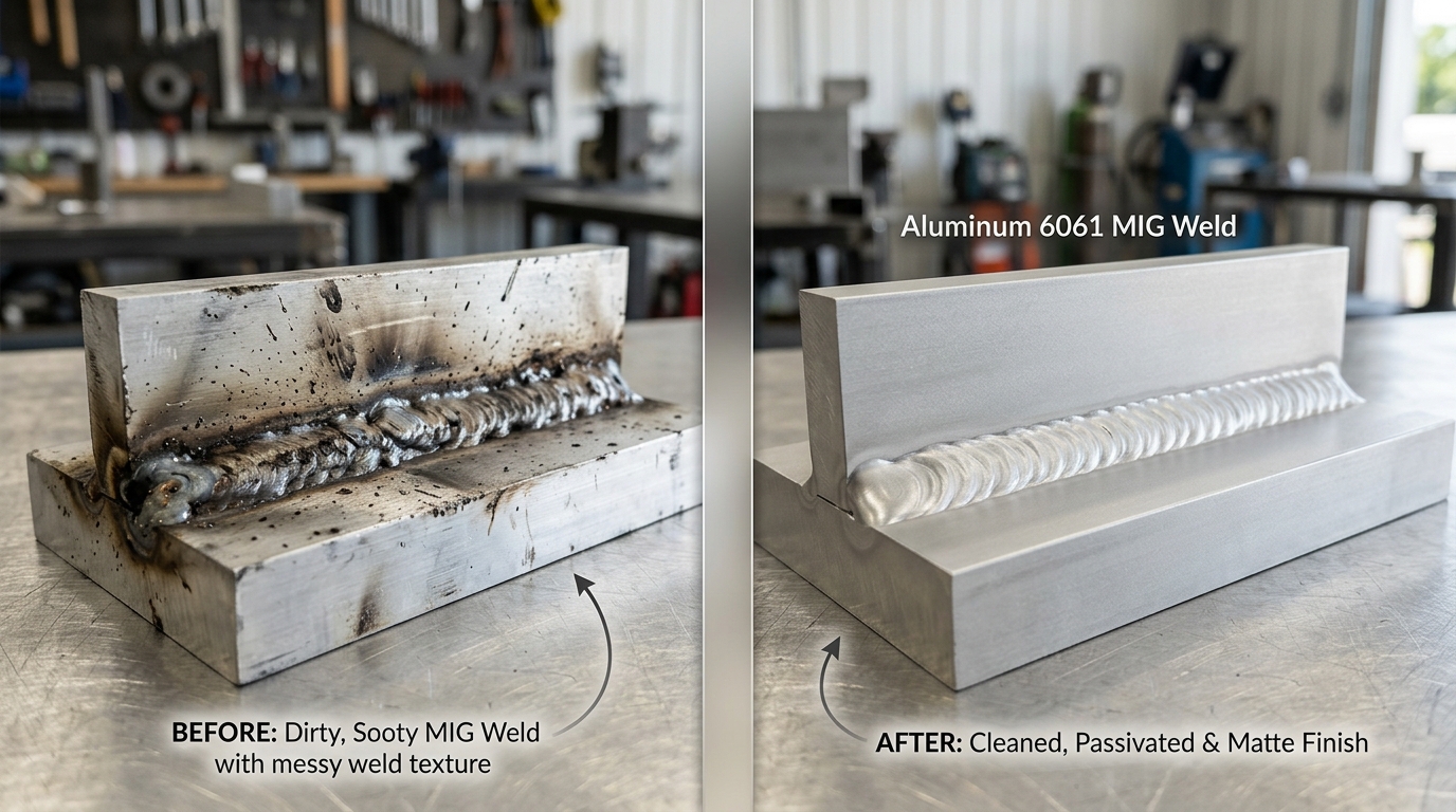 Aluminum 6061 MIG weld cleaning before and after results showing smut removal and clean matte surface
