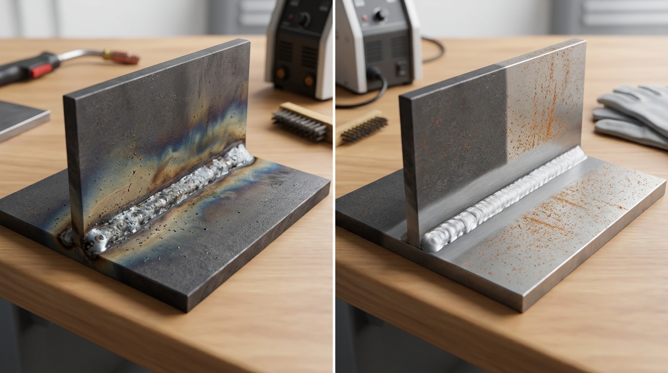 Carbon steel weld cleaning before and after results showing oxide removal and early flash rust on uncoated surface