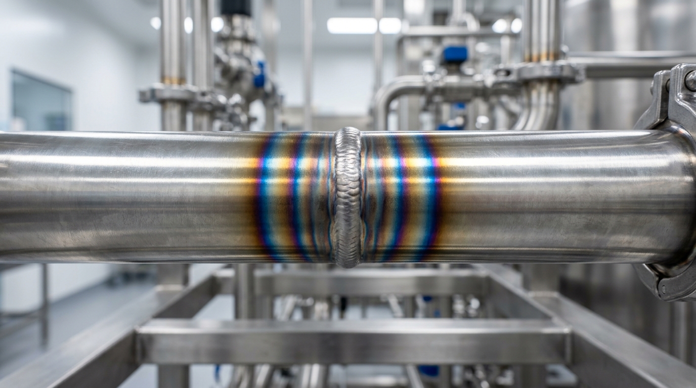 Heat tint and oxidation on a stainless steel pharmaceutical weld before weld cleaning