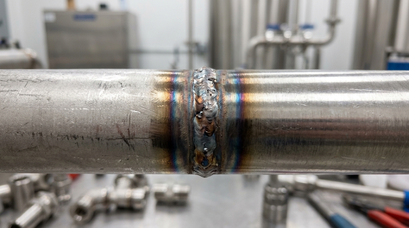 Uncleaned stainless steel weld in pharmaceutical piping showing heat tint and surface oxidation