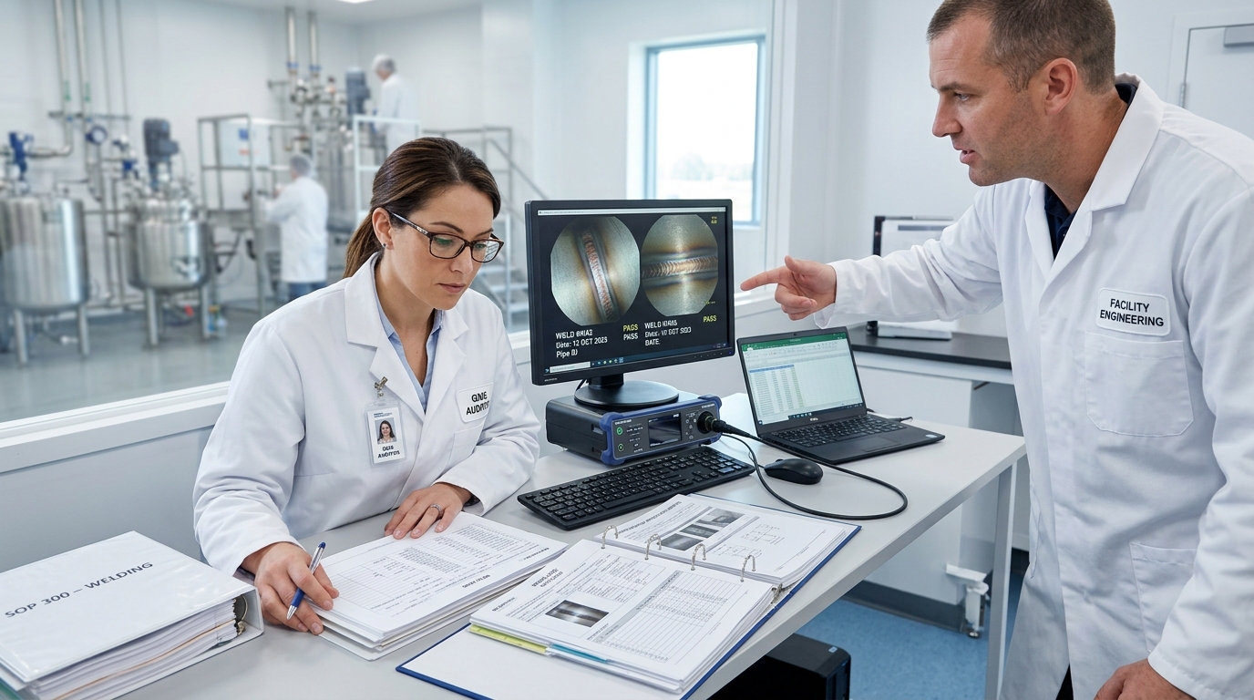 FDA inspector reviewing pharmaceutical weld documentation and borescope inspection images during a facility compliance audit