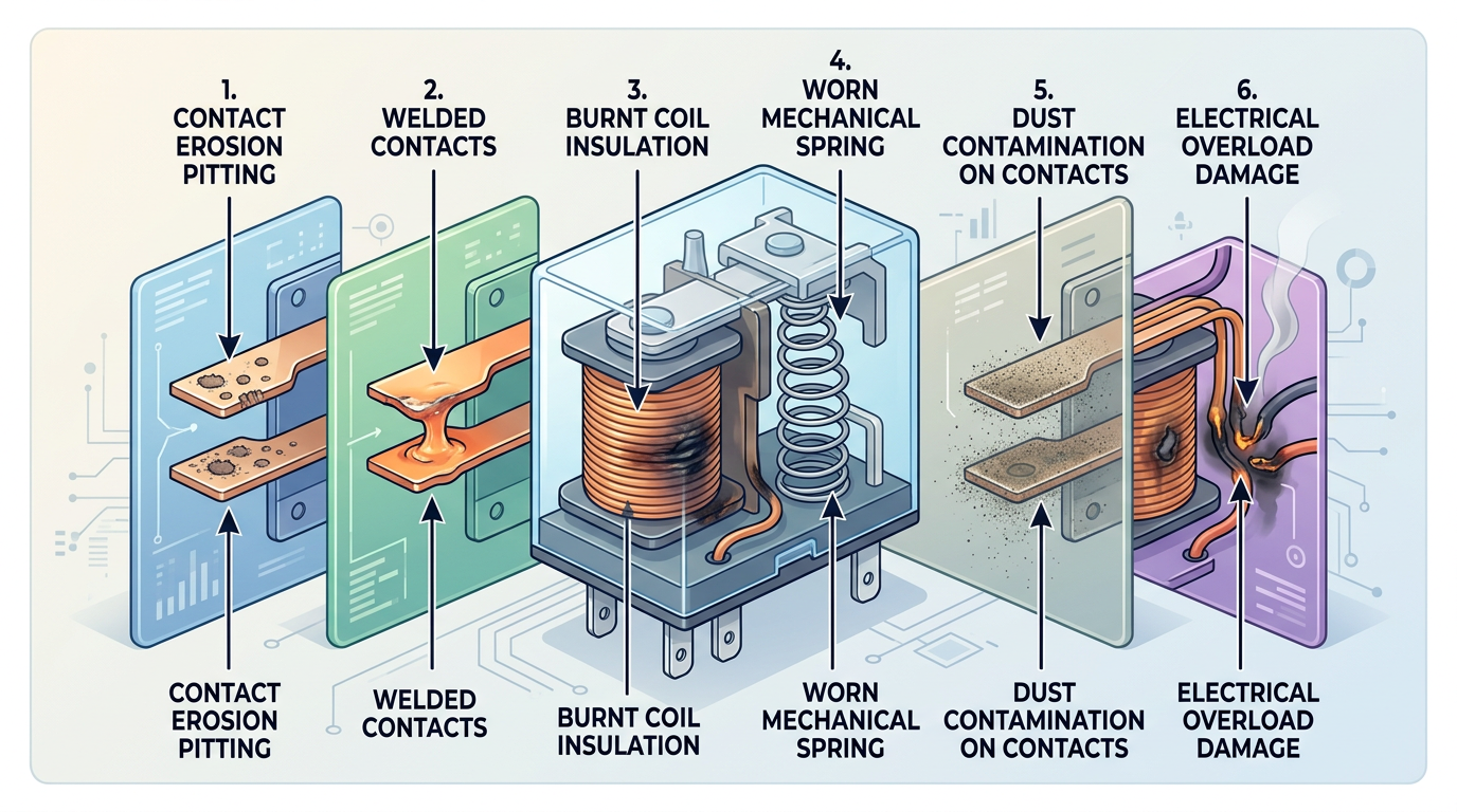 Common industrial relay failure modes including contact erosion, welding, coil burnout, and environmental contamination