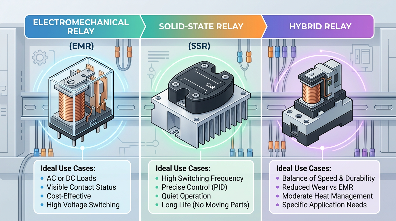 Electromechanical, solid-state, and hybrid relay types used to extend relay lifespan in industrial environments