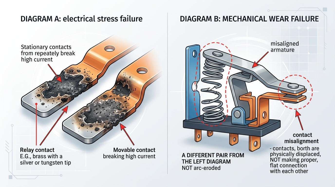Electrical vs mechanical relay failure modes showing arc-eroded contacts and fatigued spring in industrial relay