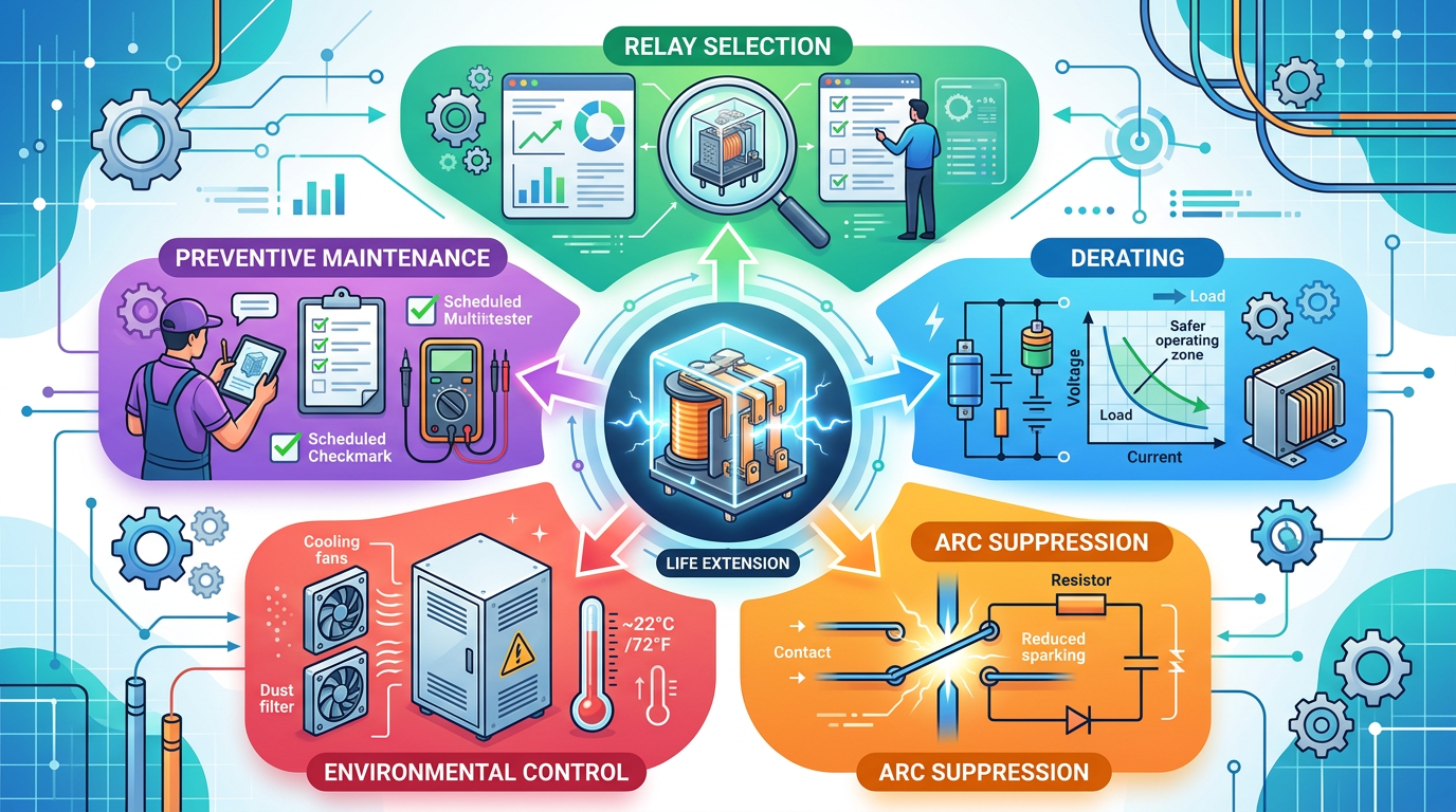 Five key strategies to extend relay lifespan in industrial environments including derating, arc suppression, and preventive maintenance