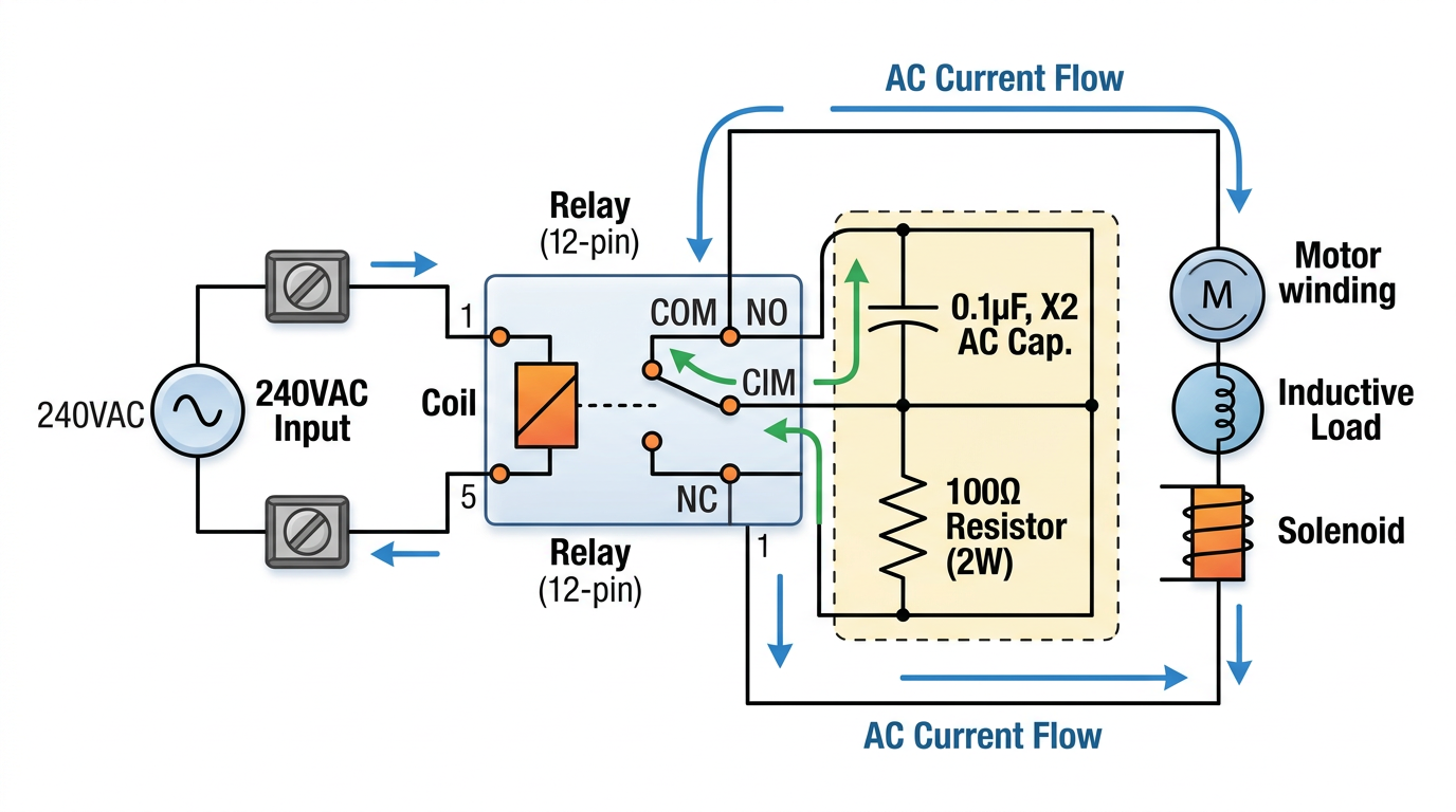 RC snubber circuit for relay contact welding prevention with 0.1uF capacitor and 100 ohm resistor across relay contacts