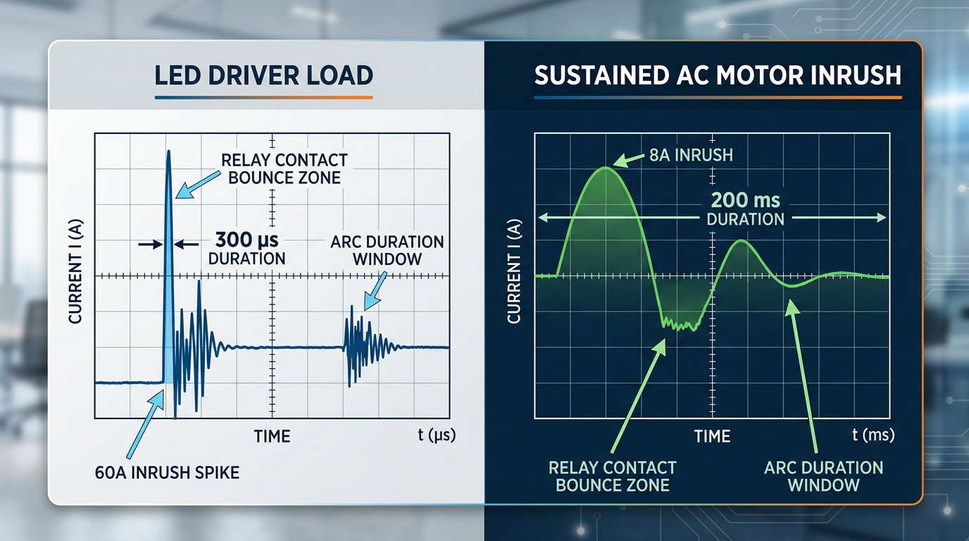 Inrush current waveforms for LED driver and motor loads causing relay contact welding