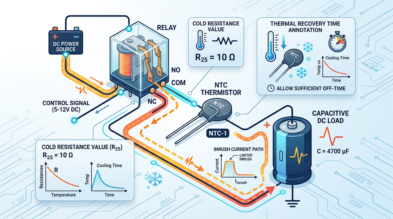 NTC thermistor circuit for relay contact welding prevention on capacitive load