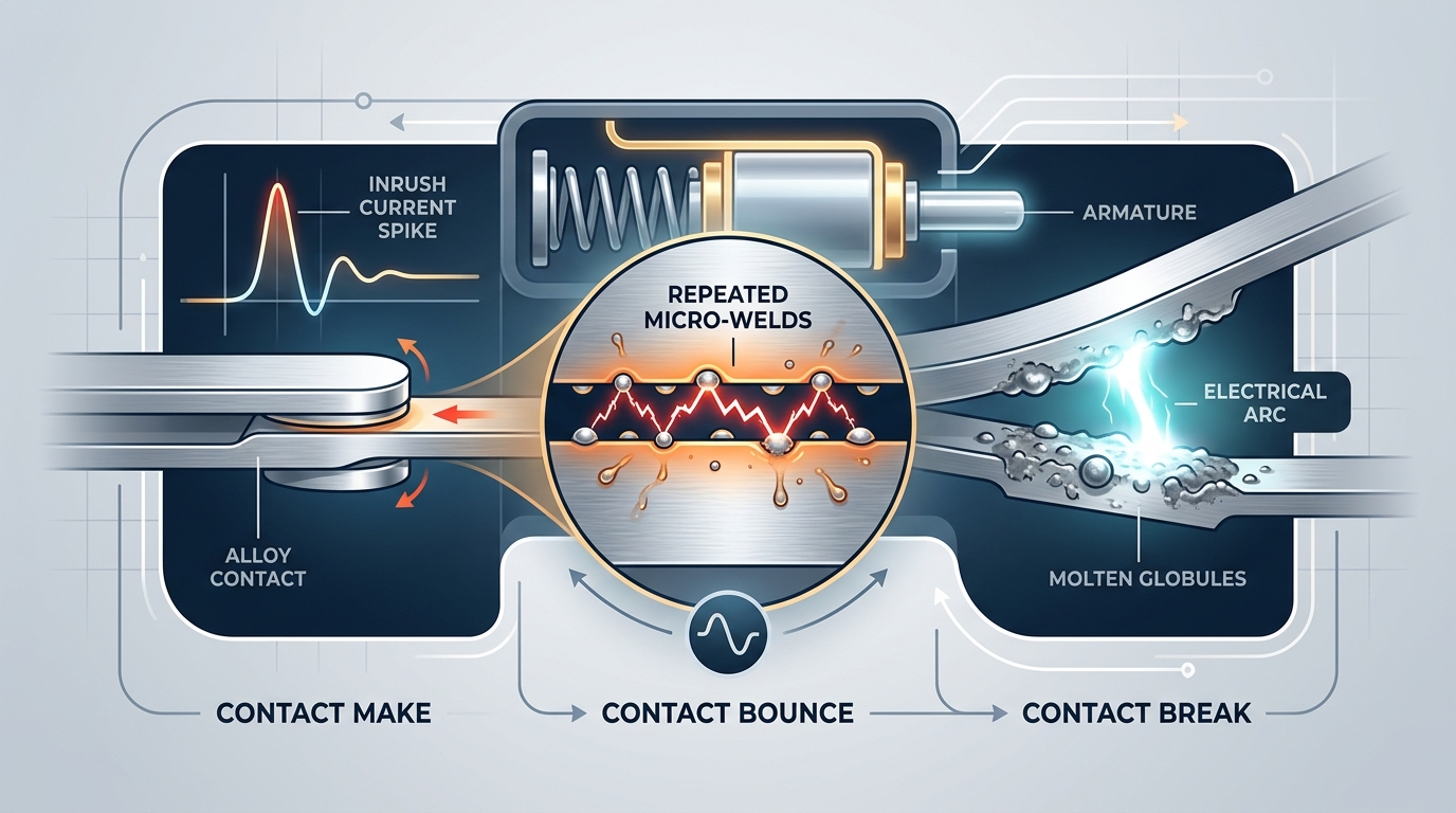Relay contact welding causes - inrush current surge, electrical arcing, and contact bounce diagram