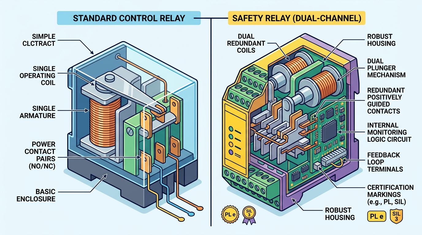 Safety relay vs standard relay internal architecture comparison for machine guarding applications