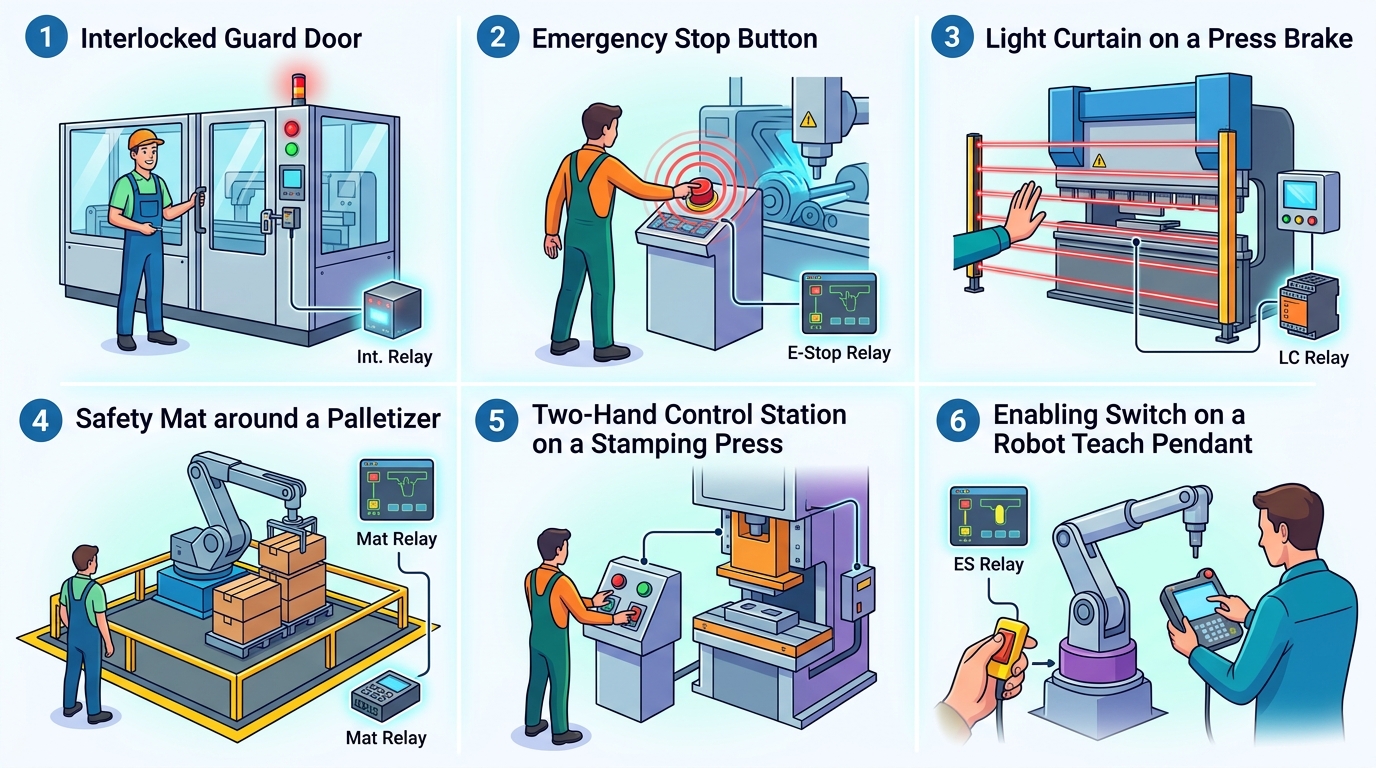 Six common safety relay application scenarios in machine guarding including E-stop, light curtains, safety mats, interlocked doors, two-hand control, and enabling switches