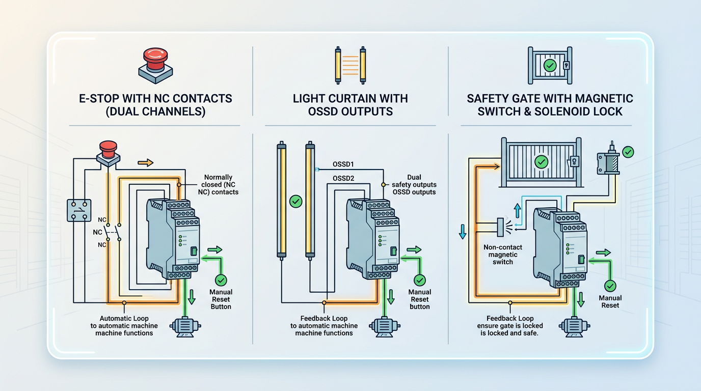 Safety relay wiring diagrams for E-stop light curtain and safety gate machine guarding applications