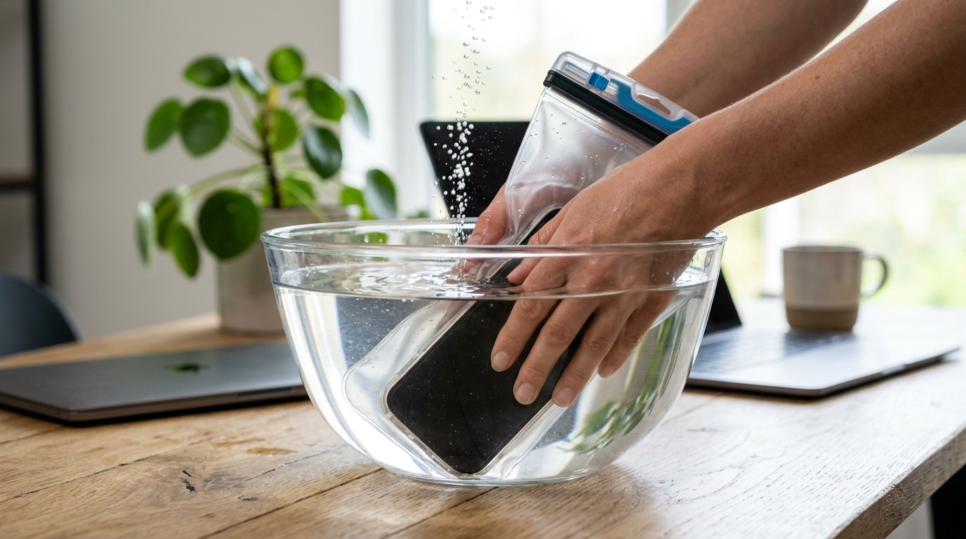 4 Simple Tests to Verify Your Waterproof Phone Pouch Seals 4 Air pressure squeeze test on a waterproof phone pouch showing bubbles escaping from the seal underwater