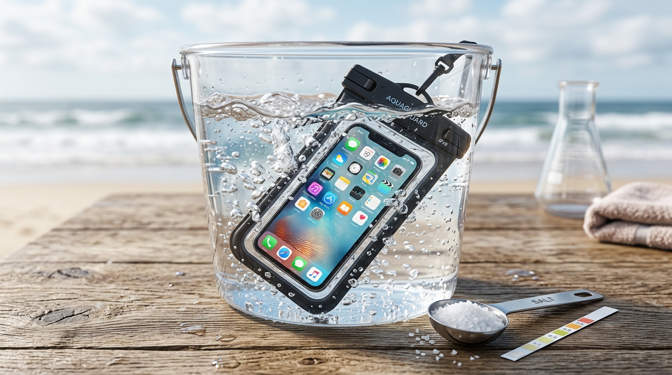 4 Simple Tests to Verify Your Waterproof Phone Pouch Seals 6 Testing a waterproof phone pouch in simulated saltwater and chlorine conditions