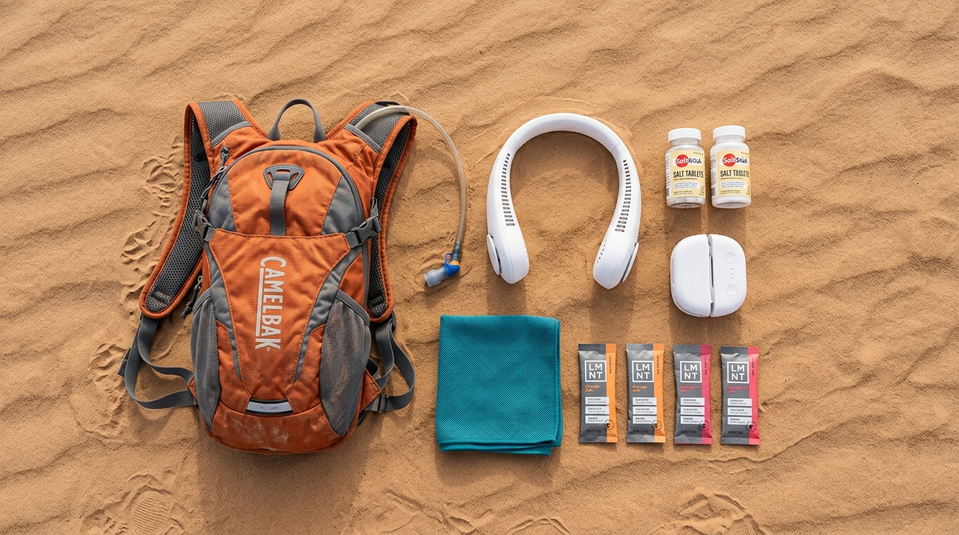 The 2026 EDC Checklist hydration and heat survival kit laid out with electrolytes and cooling gear