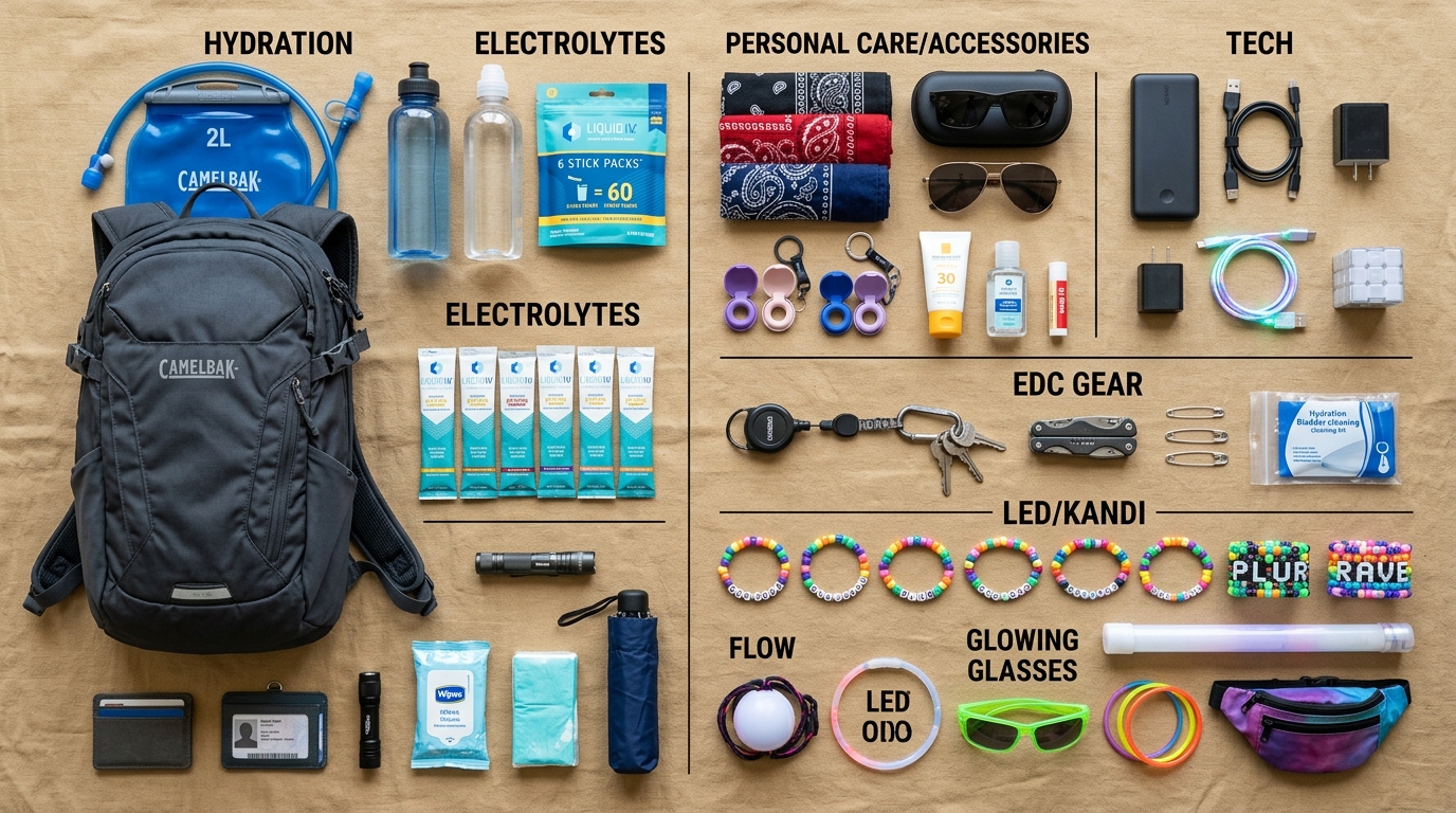 The 2026 EDC Checklist essentials laid out for Las Vegas festival packing