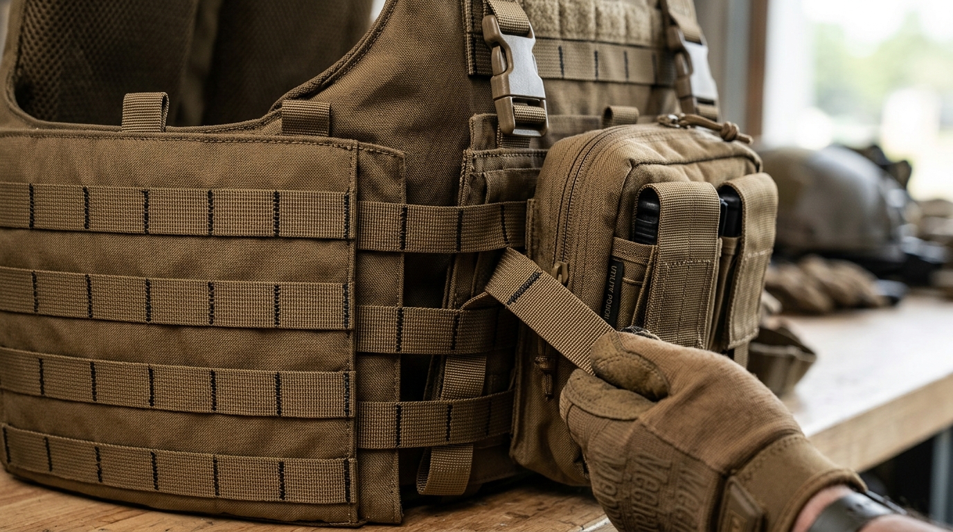 What is MOLLE system showing PALS webbing grid and modular pouch attachment