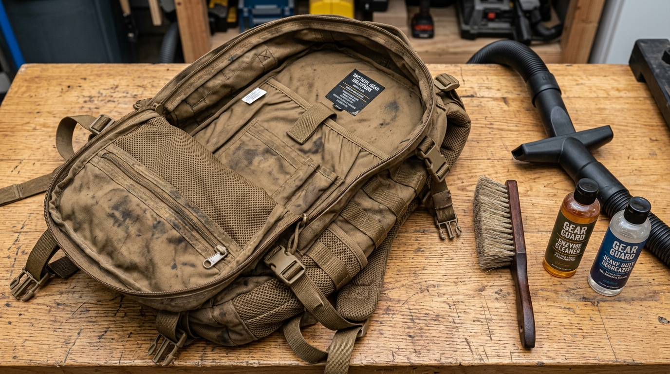 Pre-treating stains on a tactical bag before cleaning and maintenance