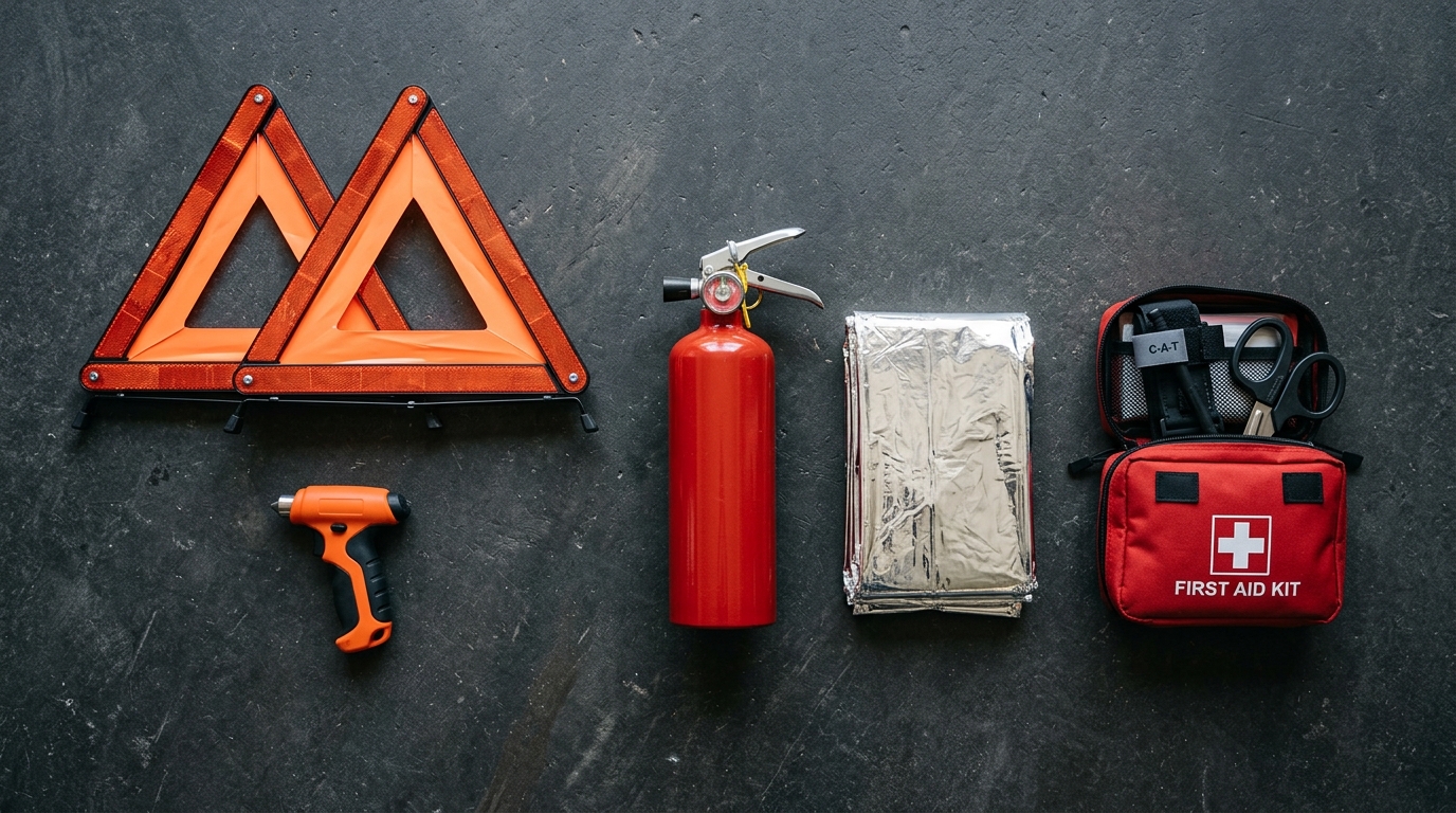Tier 3 car emergency kit items including fire extinguisher window breaker and reflective triangles