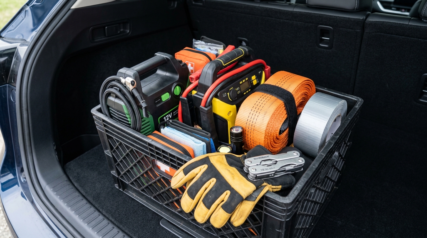 Tier 2 Car Emergency Kit items including jump starter, tire sealant, and tow strap organized in trunk