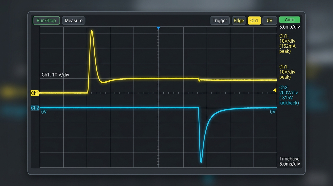 inrush current and back-EMF waveforms showing how many relays can a PLC output drive safely