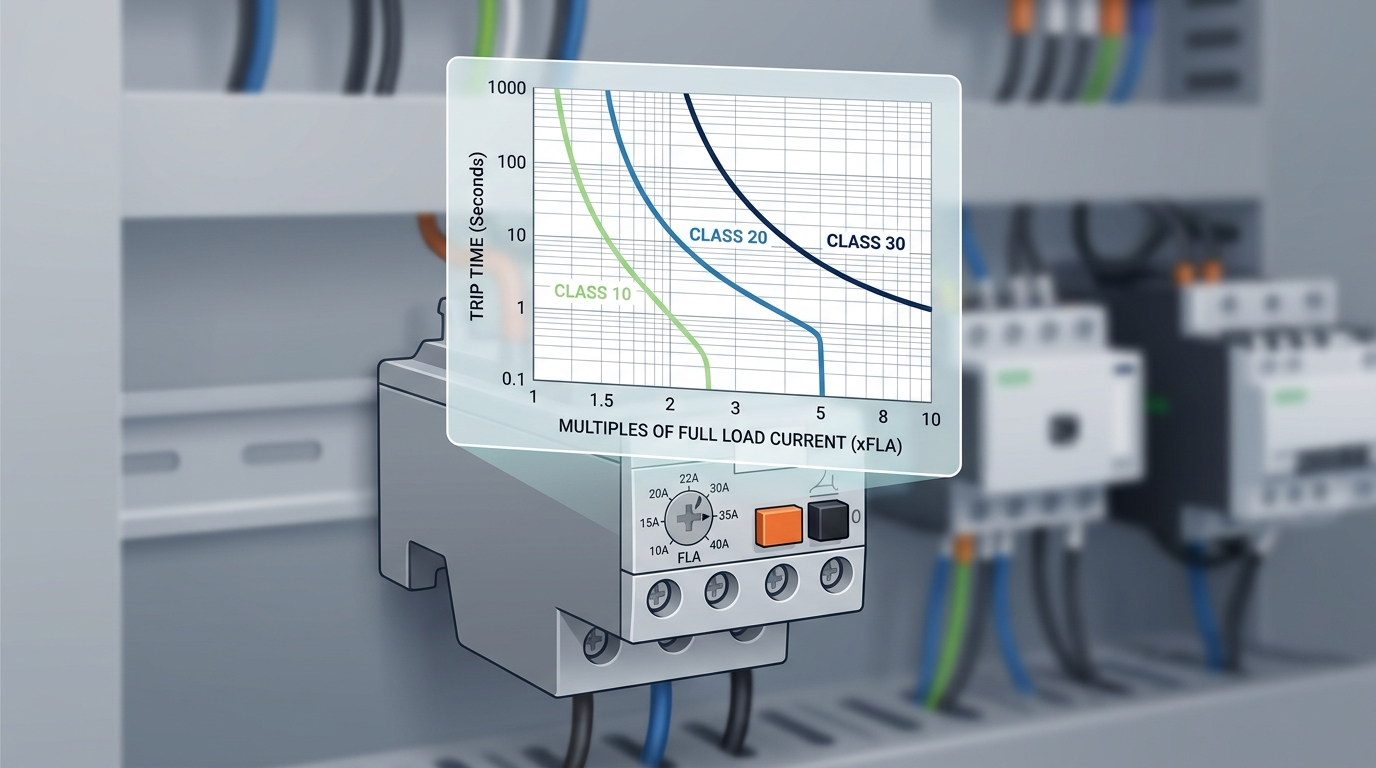Overload relay function in motor protection showing inverse-time trip curve and FLA dial setting
