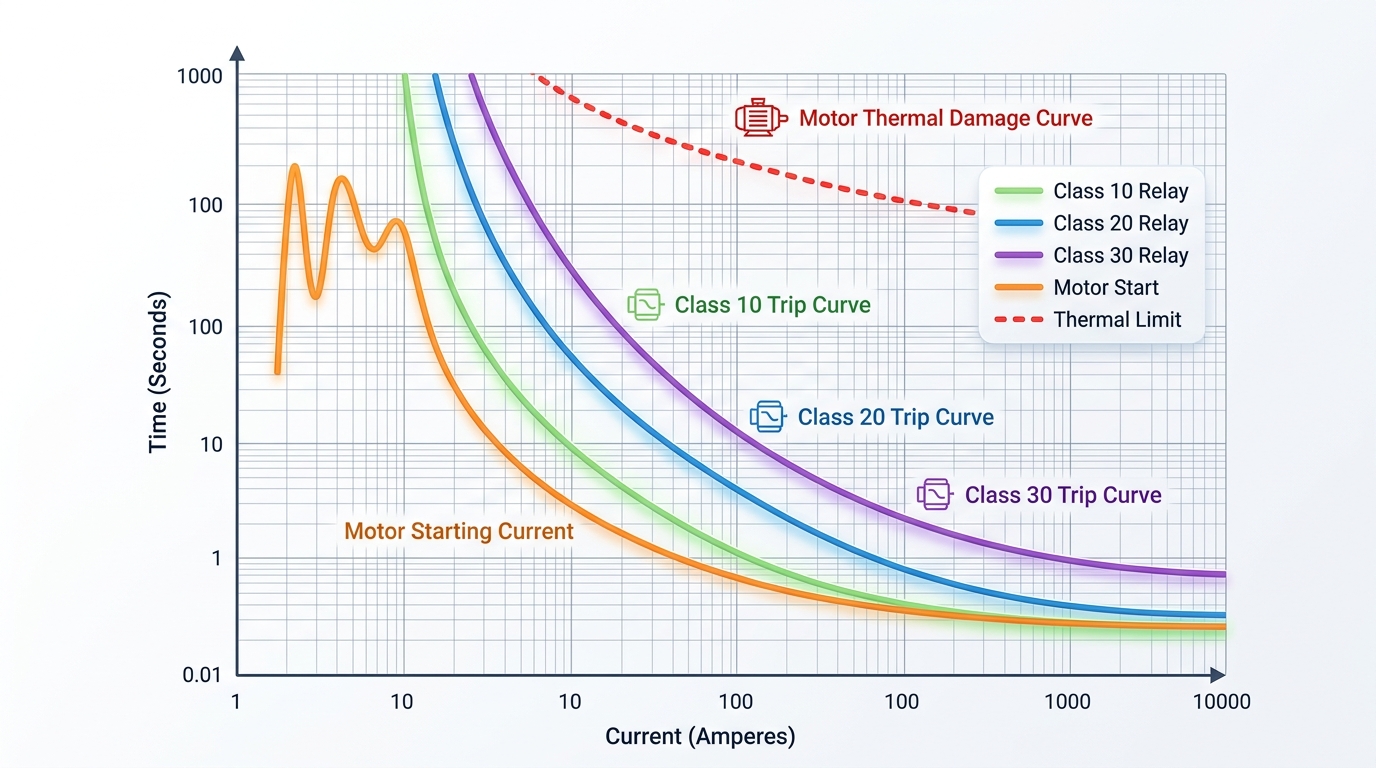 Trip class coordination curves for overload relay function in motor protection showing Class 10, 20, and 30 thermal characteristics